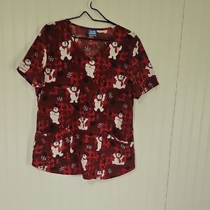 Red Snowman Print Scrub Top